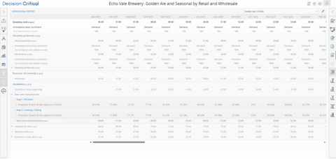 Operational report for brewery business in Decision Critical, tracking SKU-level output, margin, and production volume
